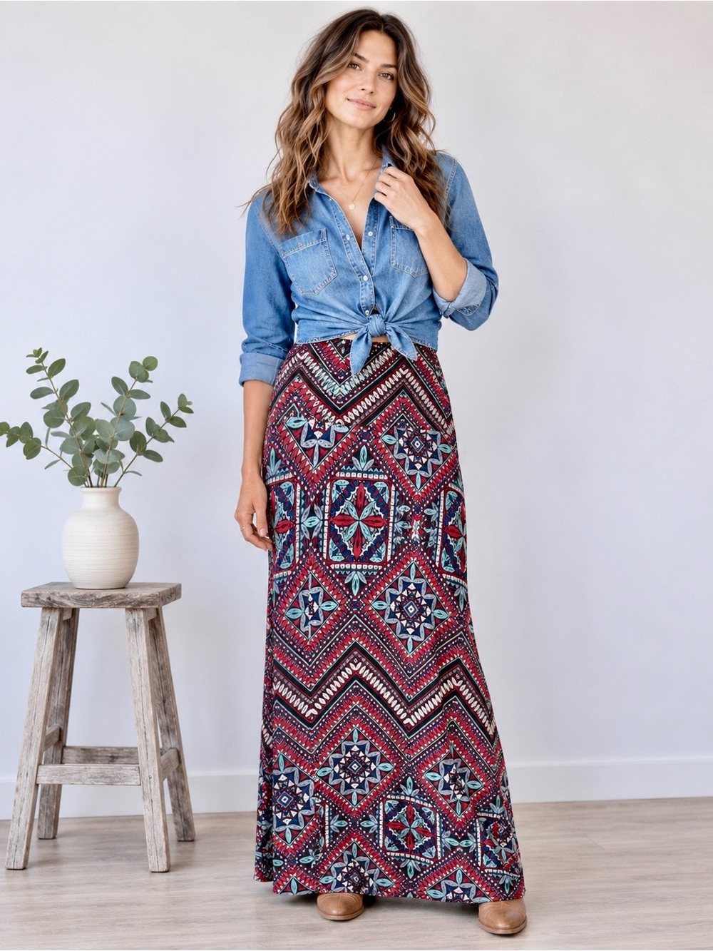 Y2K Western Boho Geometric Print Drop Yoke Stretch Maxi Skirt